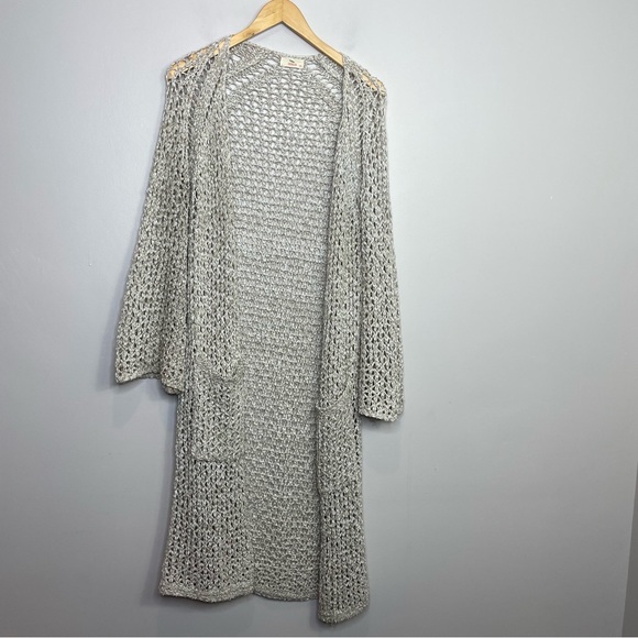 Hummingbird Open Knit Long Crochet Cardigan Marled Tan Open front S/M - Picture 12 of 12
